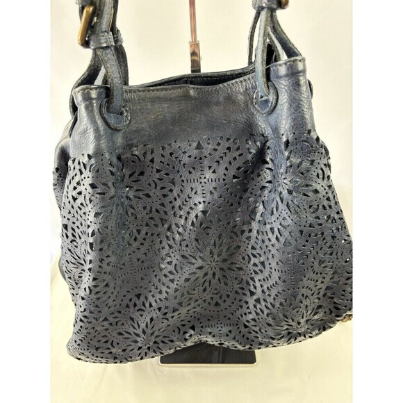 Italian Shoulder Bag Navy Blue Laser Cut Roomy Crossbody Divided Adjustable - Picture 14 of 14